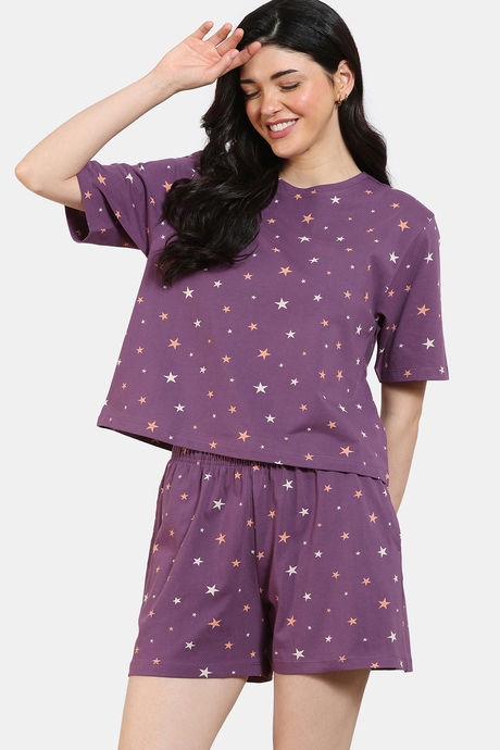 Zivame Starry Dreams Knit Cotton Shorts Set - Berry Conserve — image 2